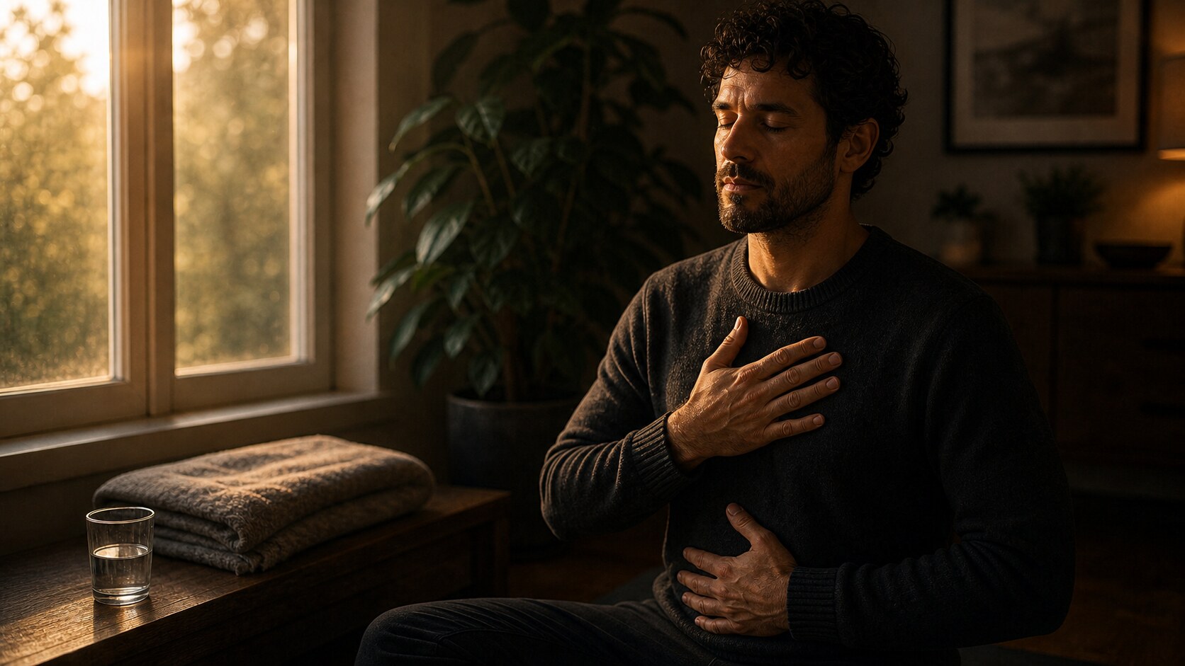 A person lying down in warm light after breathwork: the nervous system learns calm through repeated practice