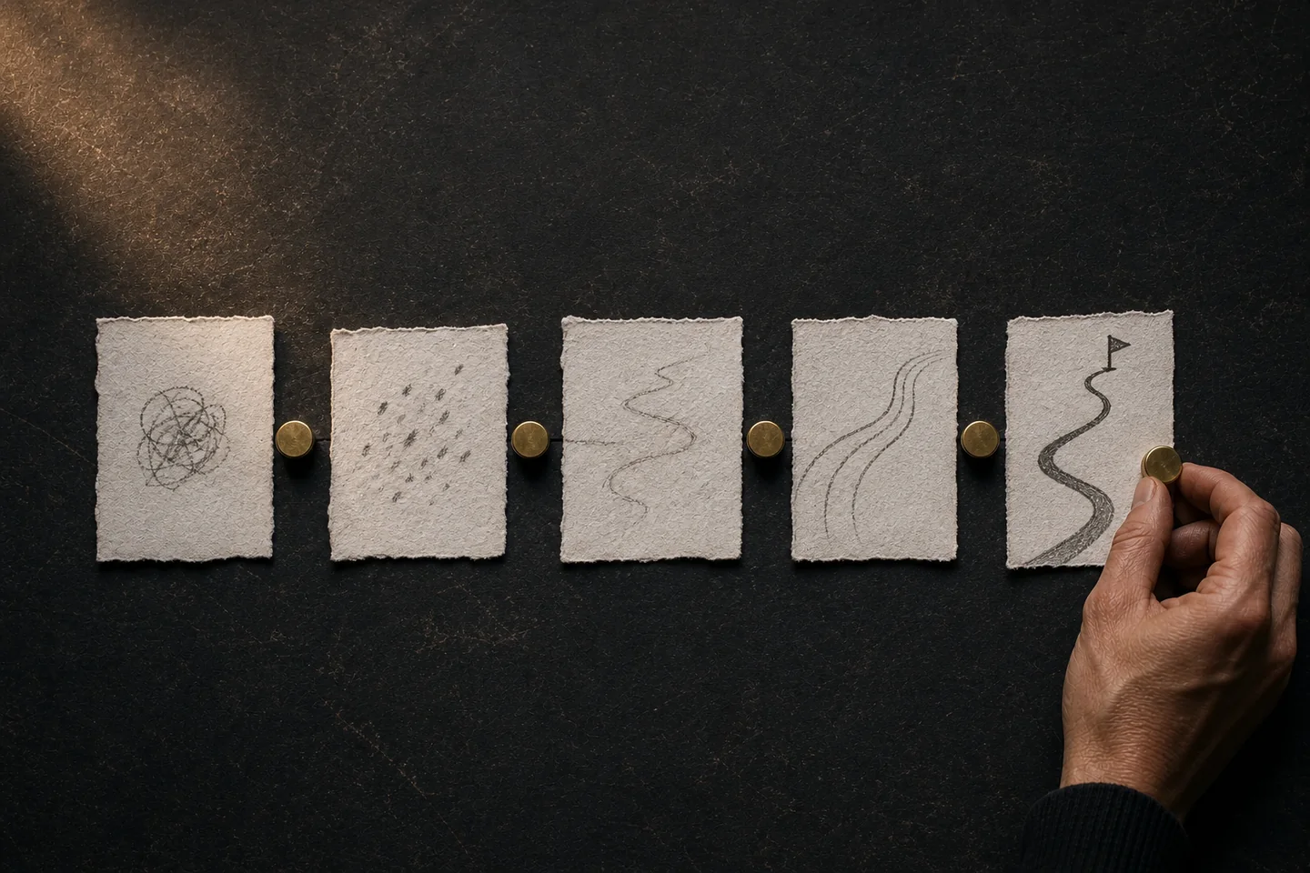 Five stages of identity evidence moving from confusion toward a chosen direction, represented by hand-torn paper and brass markers