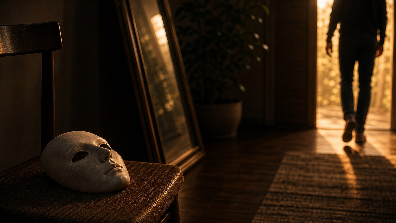 Wearing a mask around others: a discarded theatrical mask as a person walks toward daylight by choice, not force