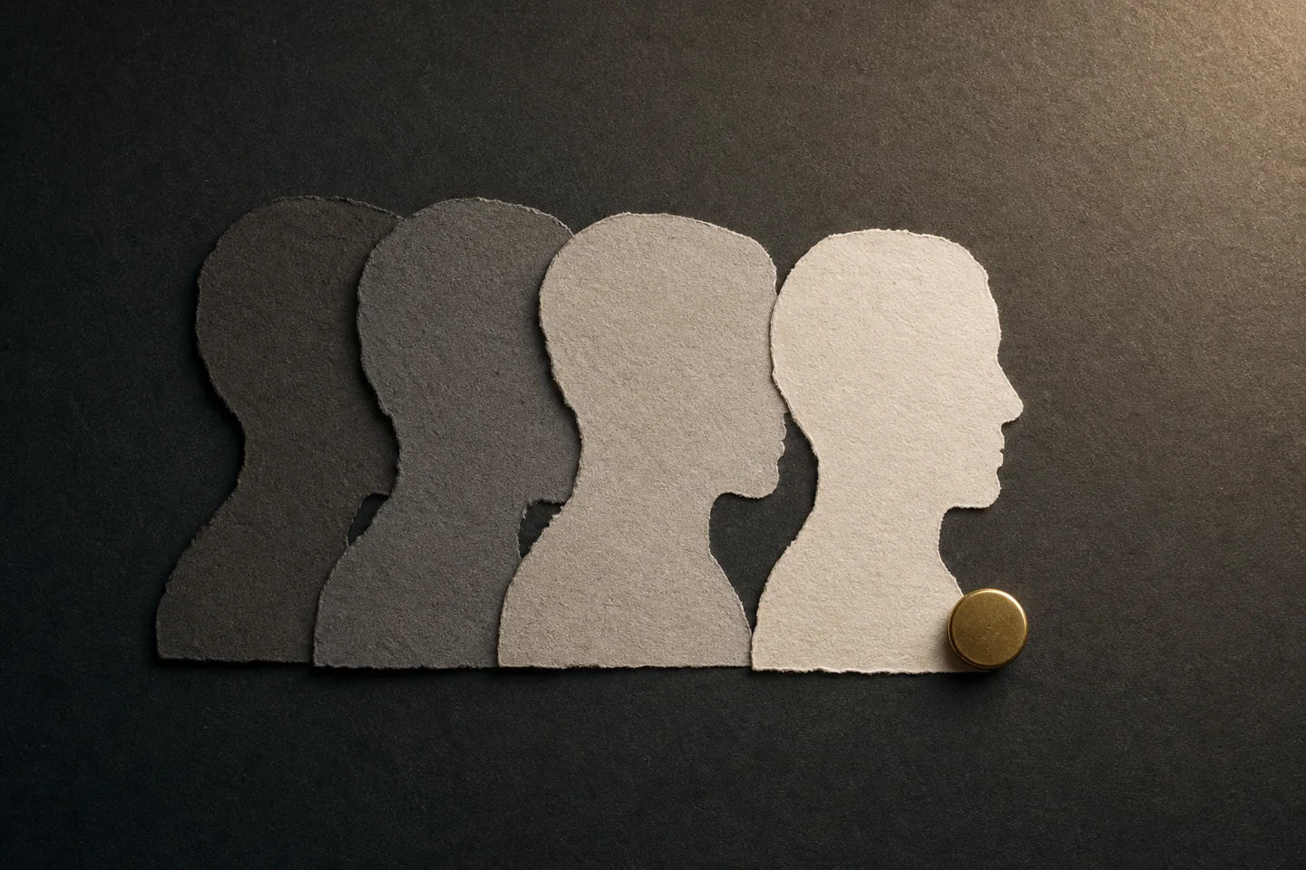 Four paper profiles moving gradually from shadow into light, showing selective and safe unmasking rather than forced exposure