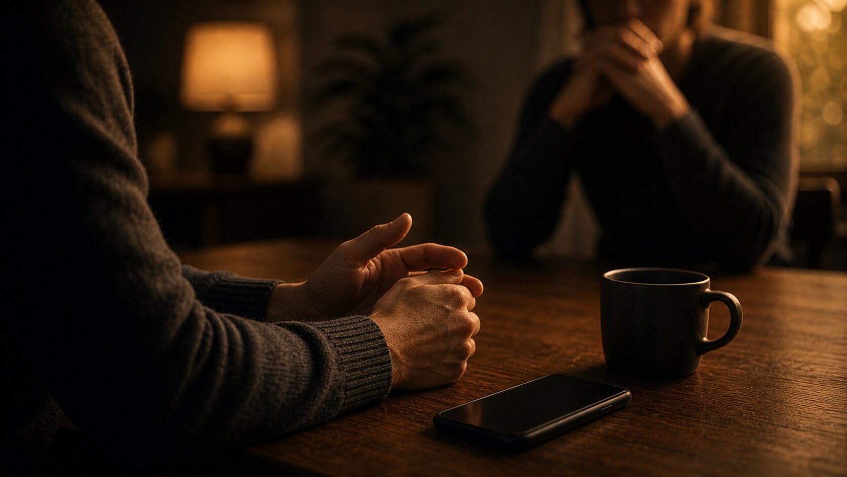 A man holding a pause mid-conversation: reactive versus responsive lives in the gap before you speak