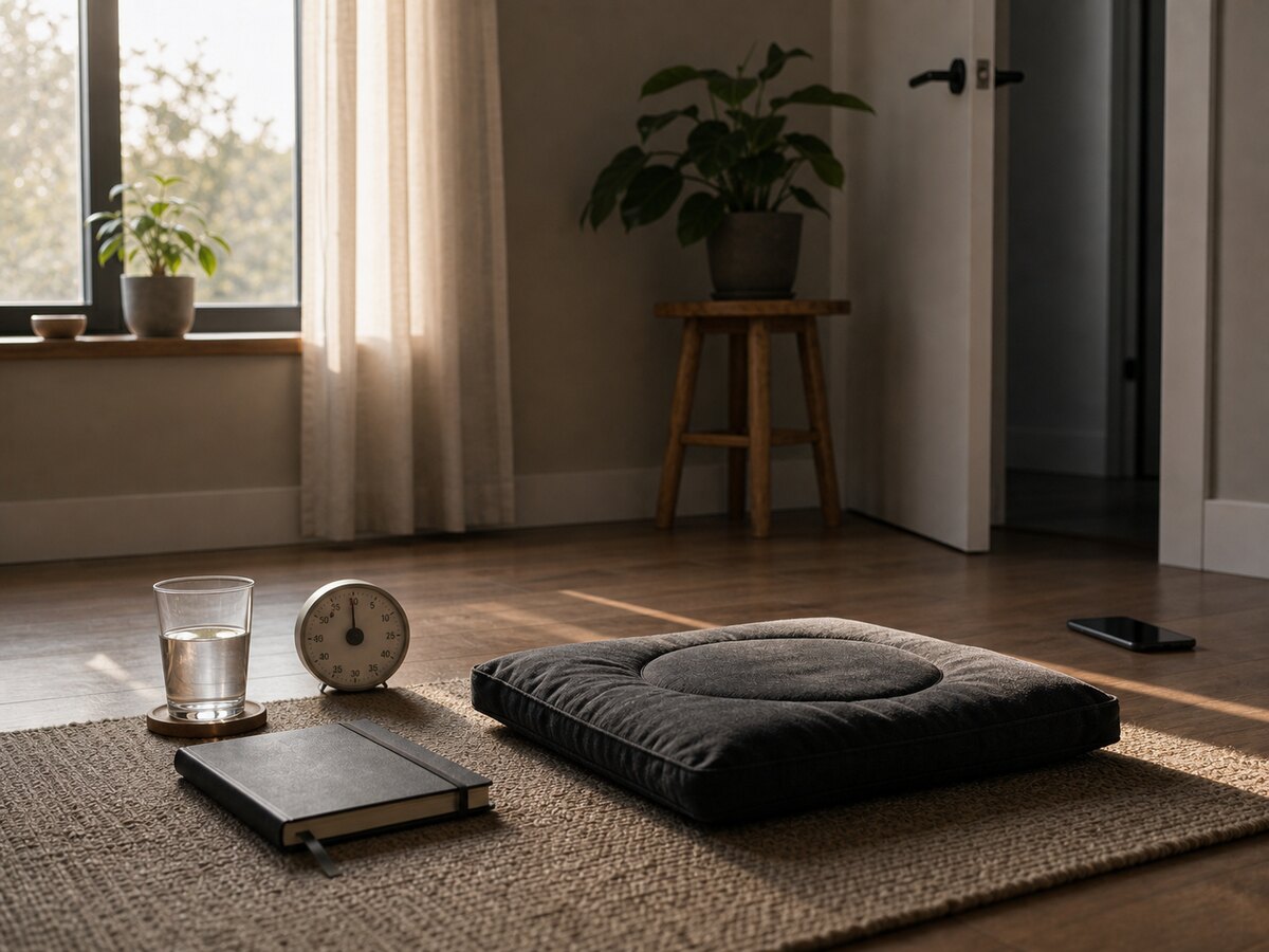 Realistische redaktionelle Detailszene zu Schweigemeditation: warum 15 Minuten Stille die Stimme klären