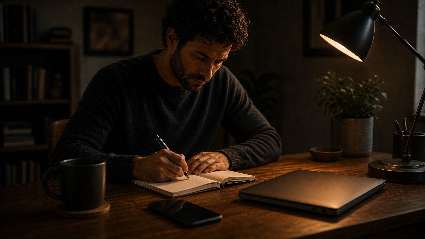 A disciplined person writing in a journal at a desk with focused intent: creation before consumption, the day earns its value before the inbox opens