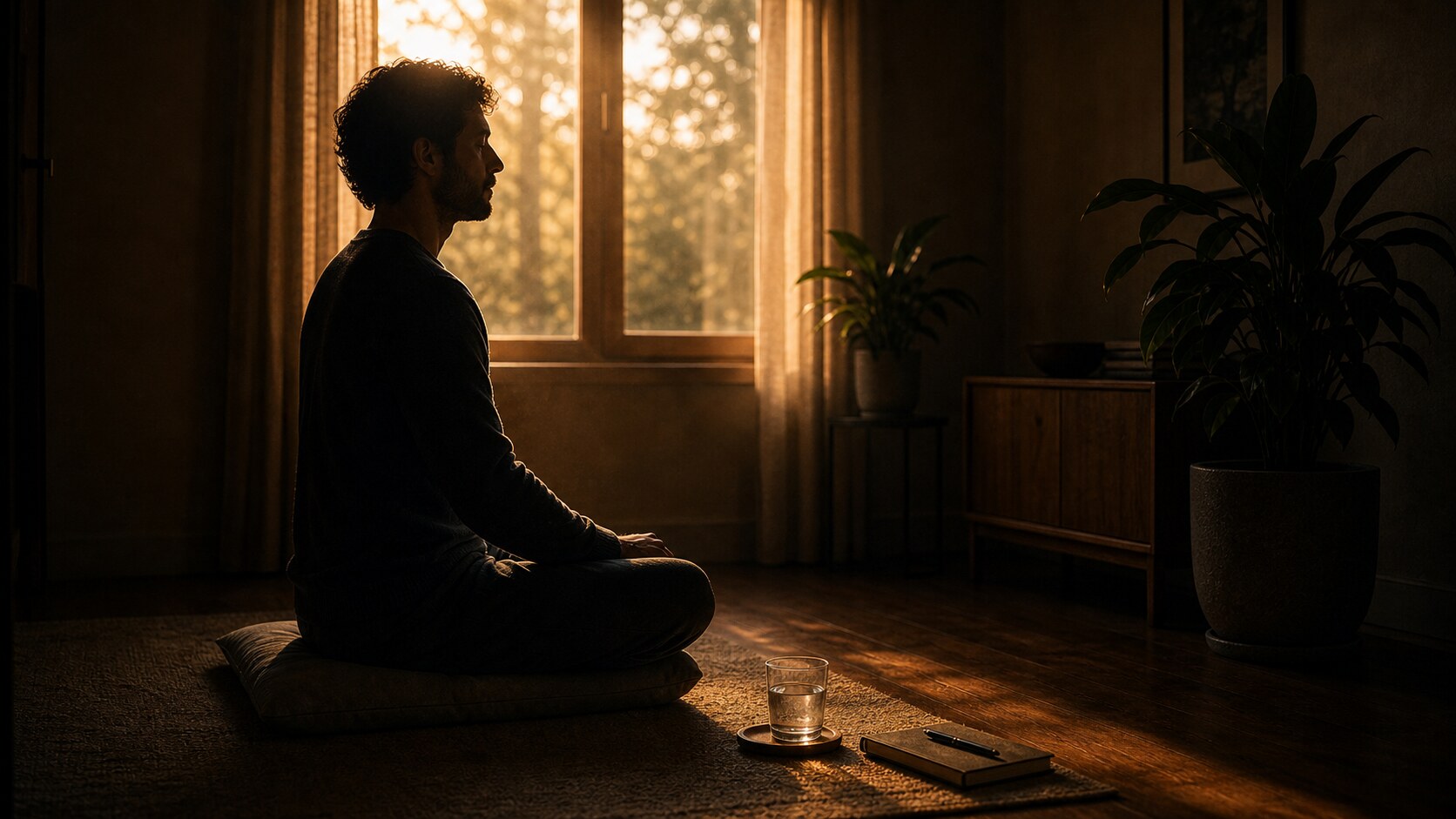 A monk sitting in stillness during meditation, eyes closed in a dimly lit space: meditation is watching what the mind does when you stop feeding it