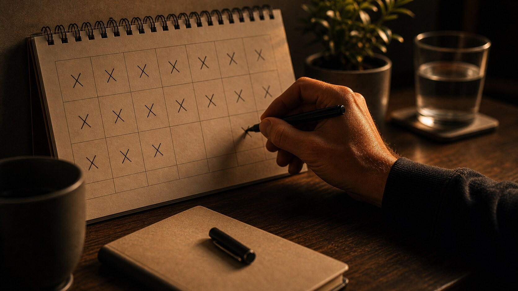 Calendar marked with an unbroken habit streak of red X marks