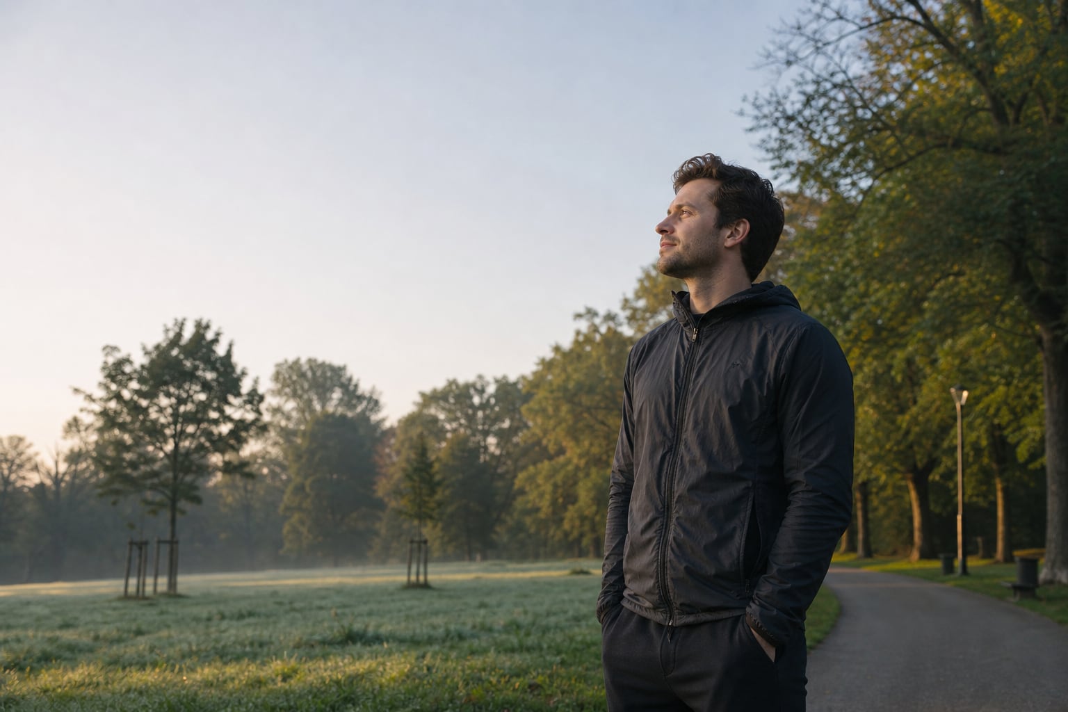 A person standing in early daylight, eyes open toward the sky but not the sun