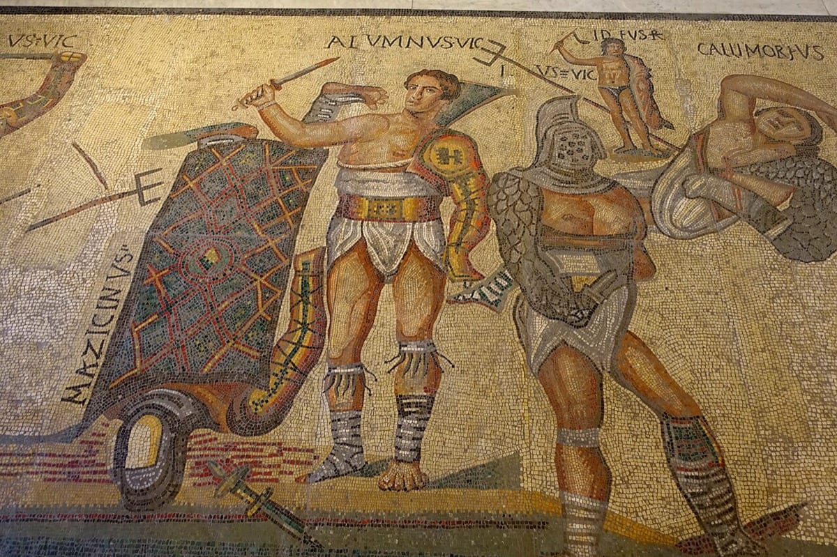 Roman mosaic of gladiators in combat: the war within is fought in every decision, and the side that wins most battles wins the war
