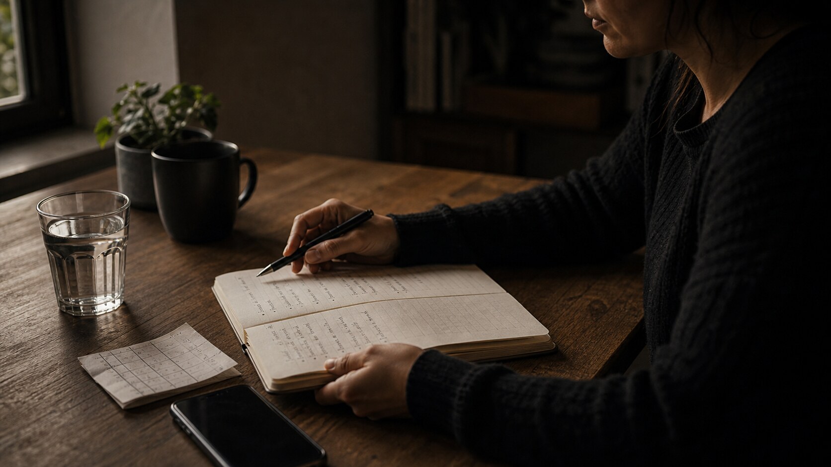 A notebook used for reality reminders on a quiet table