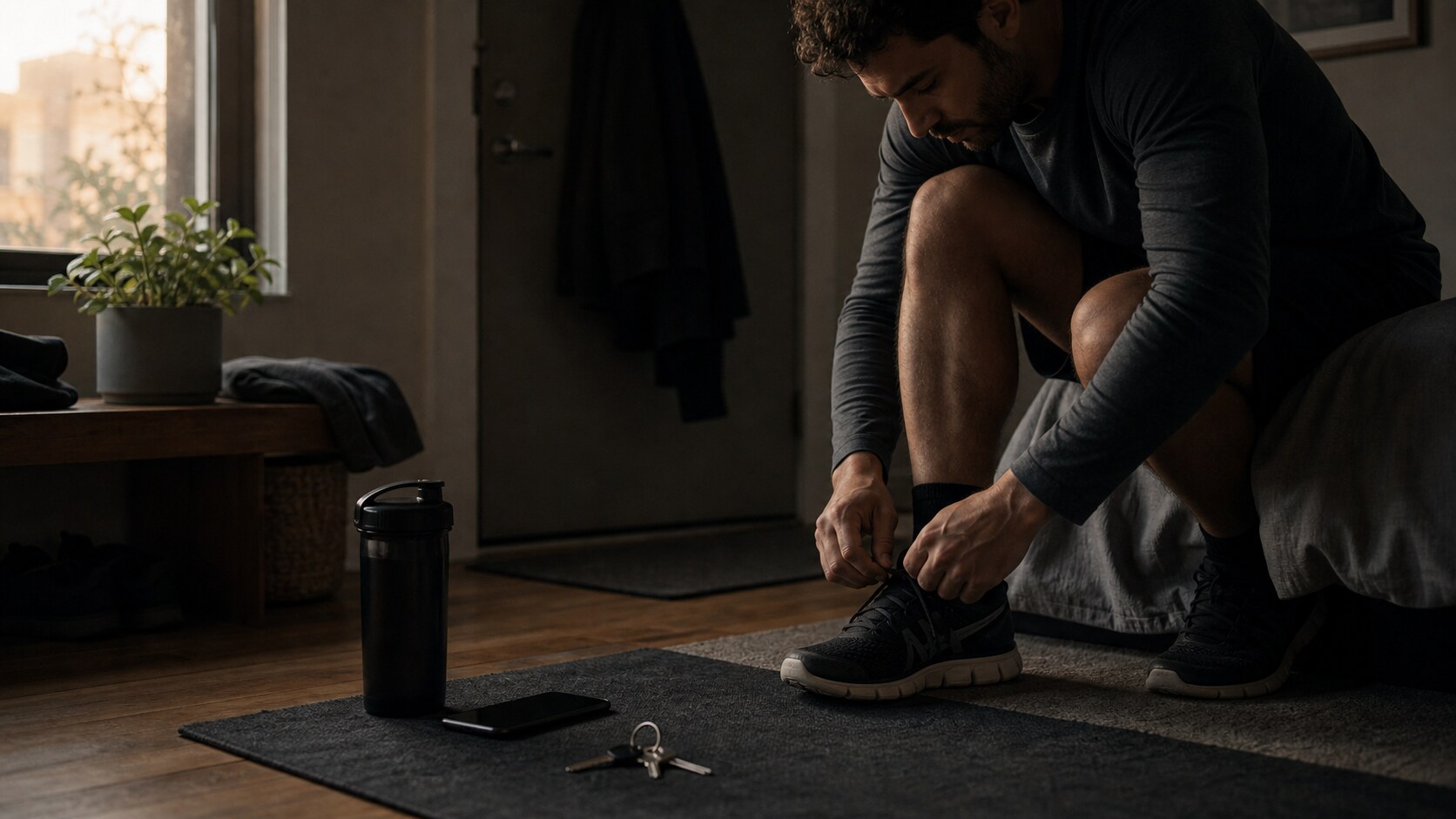 A person tying running shoes in the morning after choosing structure