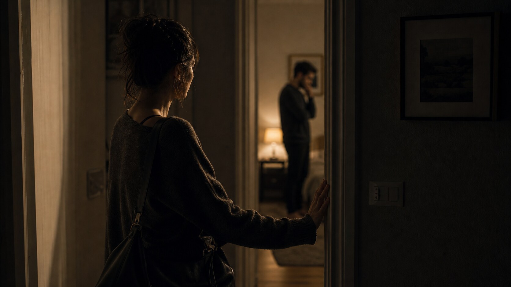 A person paused at a doorway during a tense push-pull moment