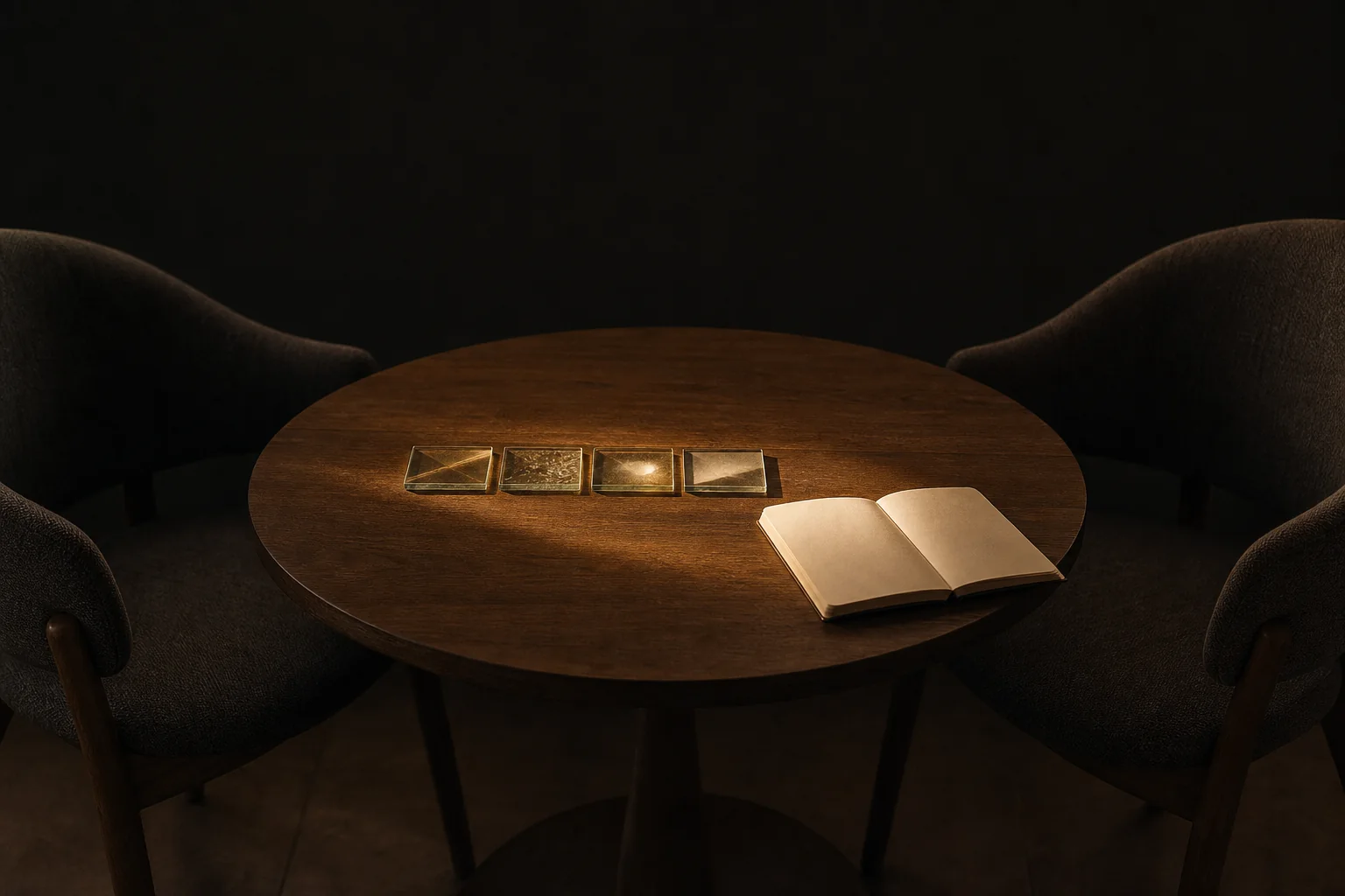An original editorial scene with two chairs, four glass tiles, and a blank notebook prepared for an honest conversation
