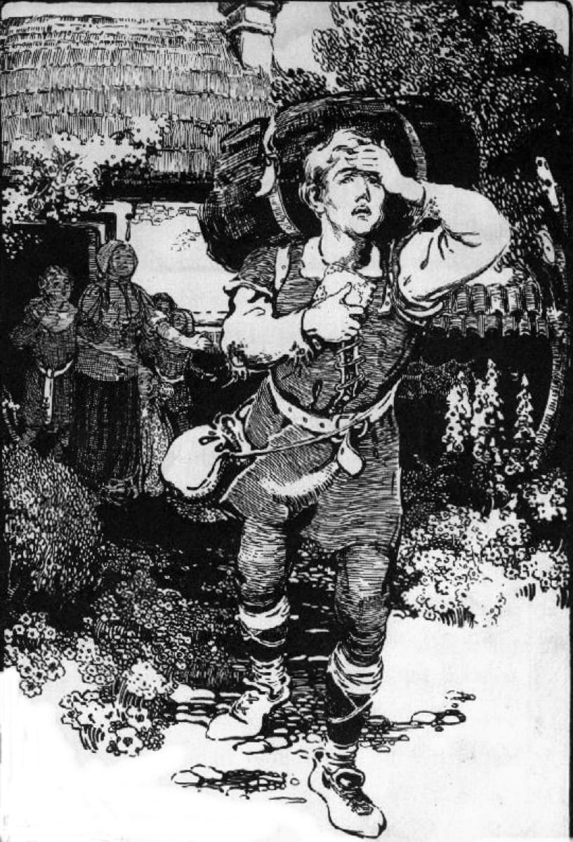 Illustration of Christian from Pilgrim's Progress walking with a heavy burden strapped to his back