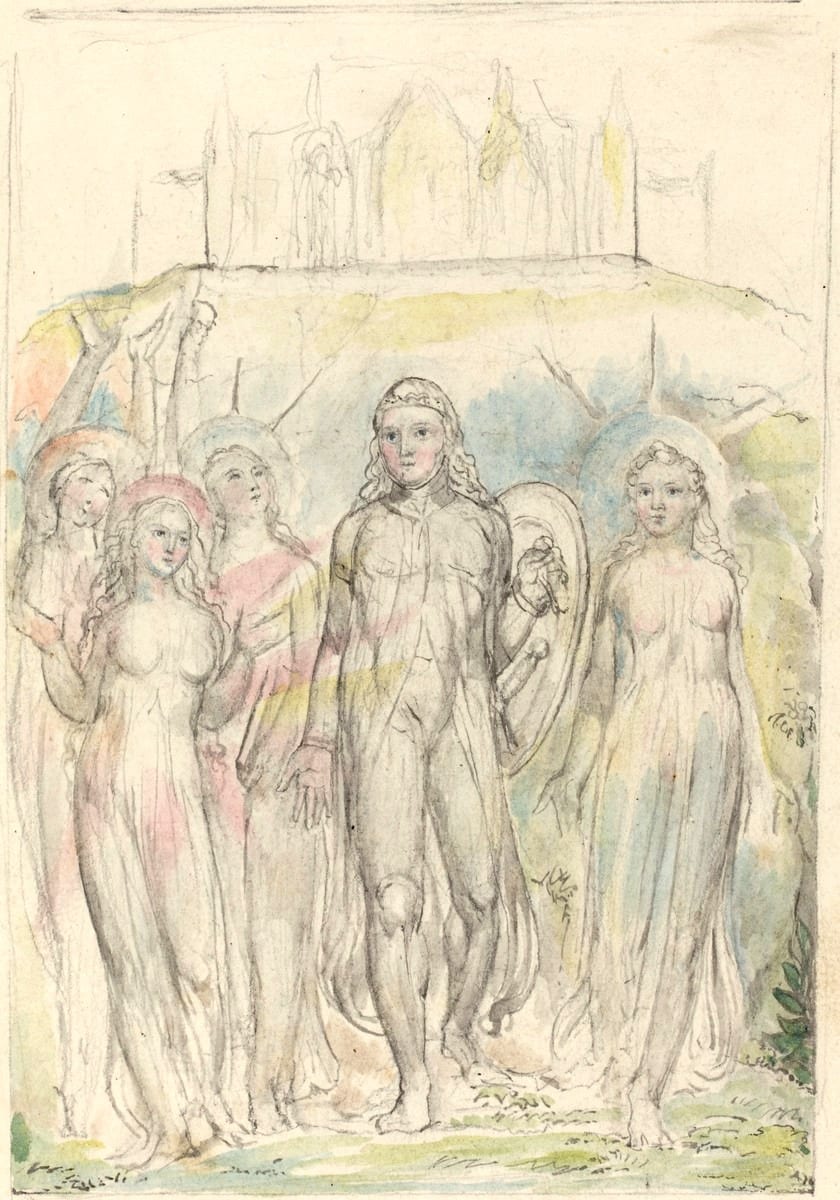 William Blake illustration of Christian standing upright with the Shield of Faith, unburdened