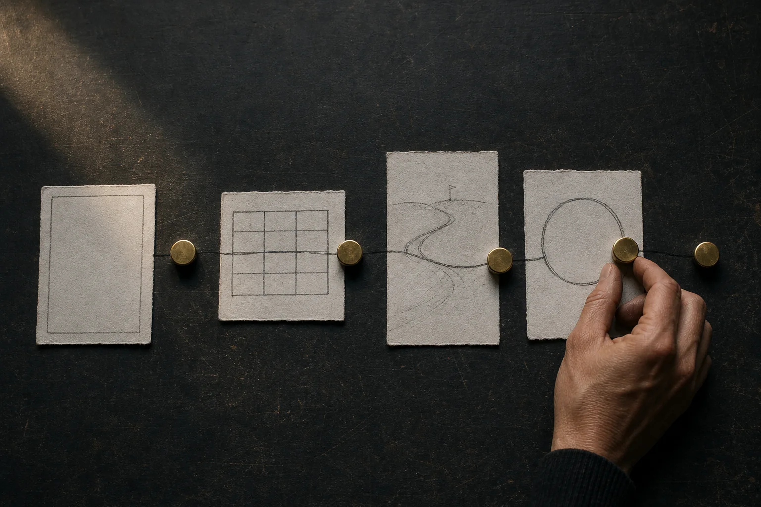 An original editorial still life mapping identity, a weekly plan, action, and review into one path