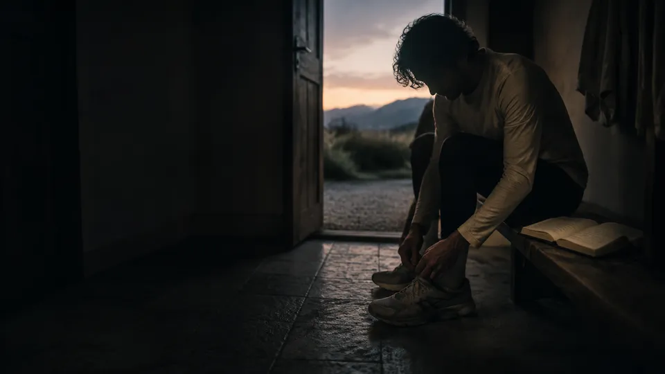 A person tying a shoe beside an open doorway, ready to begin the day.
