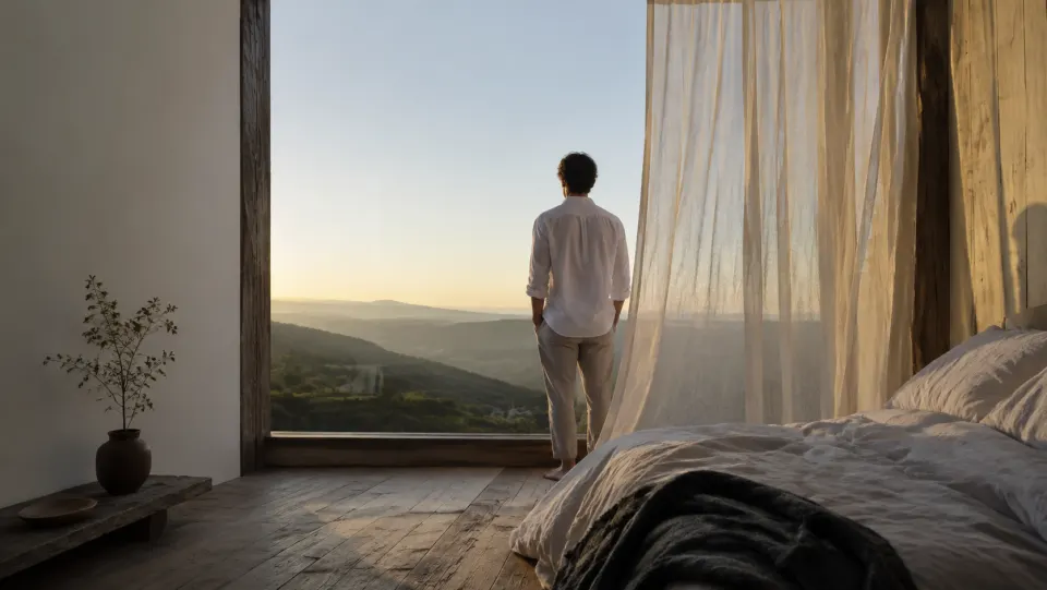 A person standing by an open window in the morning light.